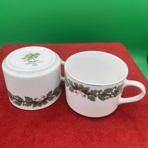 1990 Sango Christmas Holly Teacups 2 Pc Sets Candy Canes Bells 8415 Gold Rim‎